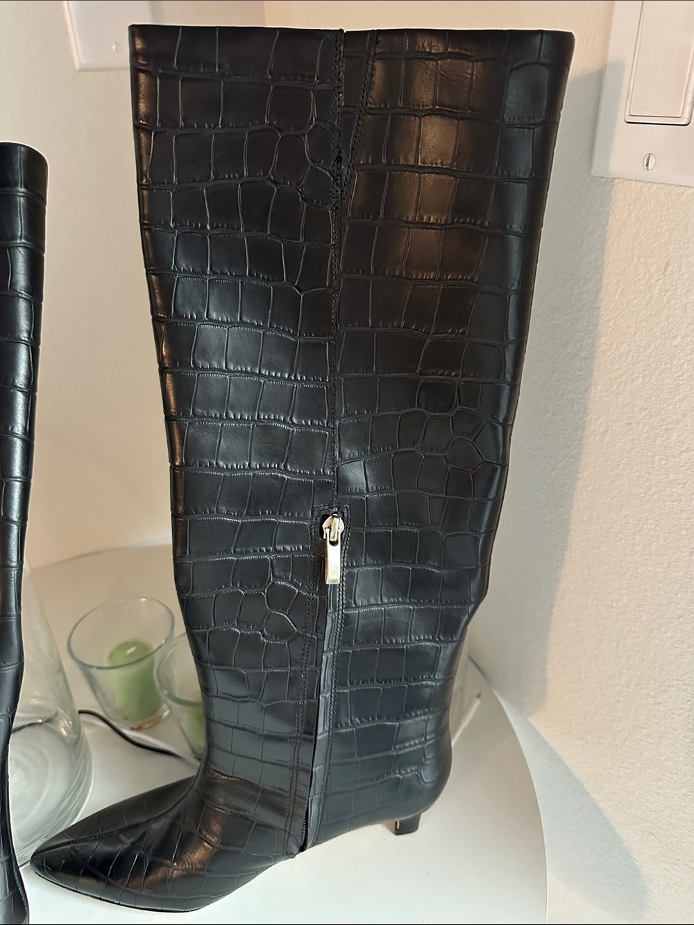Black Croc-Embossed Knee Boot with Side Zip